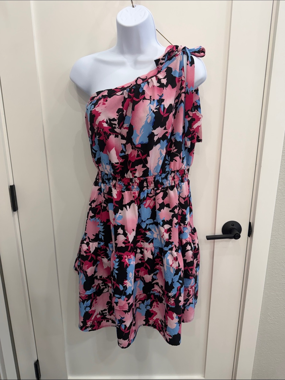 Pretty Gardener One-Shoulder Floral Dress in Pink, Black & Blue